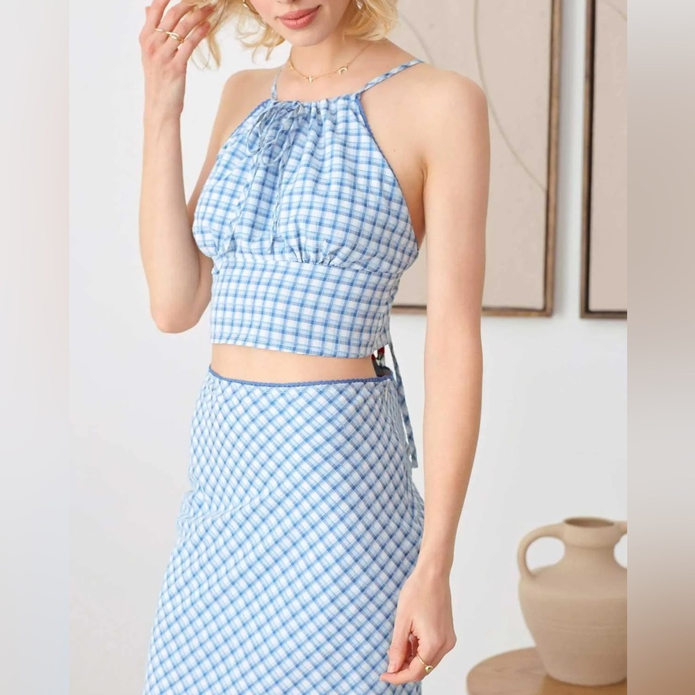Le Lis Blue Plaid Halter Top and Lace Trim Midi Skirt with Side Slit Set - Picture 8 of 12